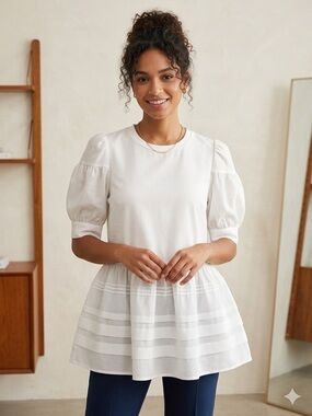 Gracia White Puff-Sleeve Peplum Top Dress